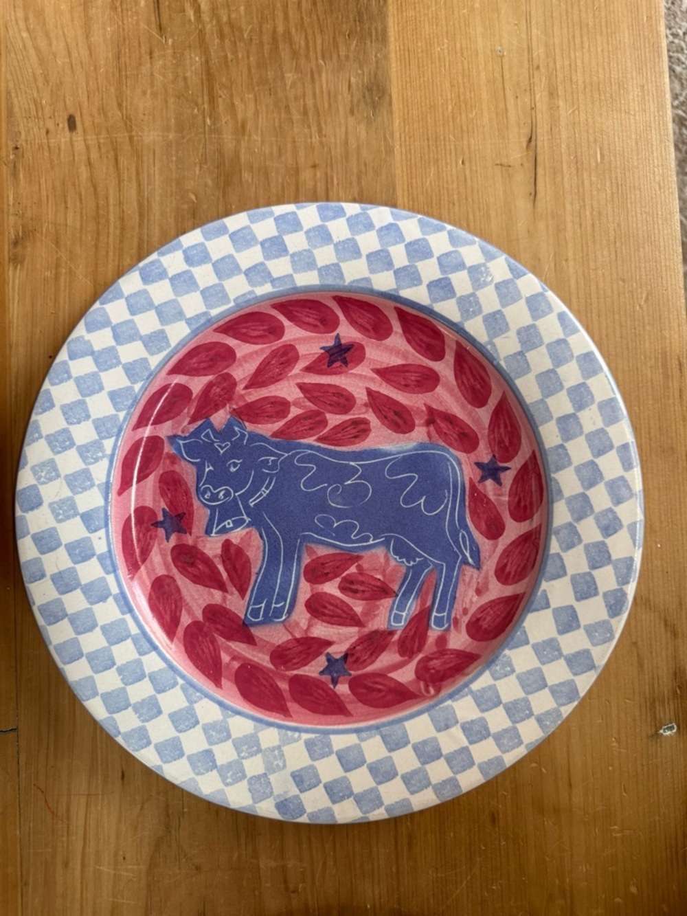 Daniel Lasser hand painted studio pottery dinner plate #2 cow red plate - Picture 6 of 10